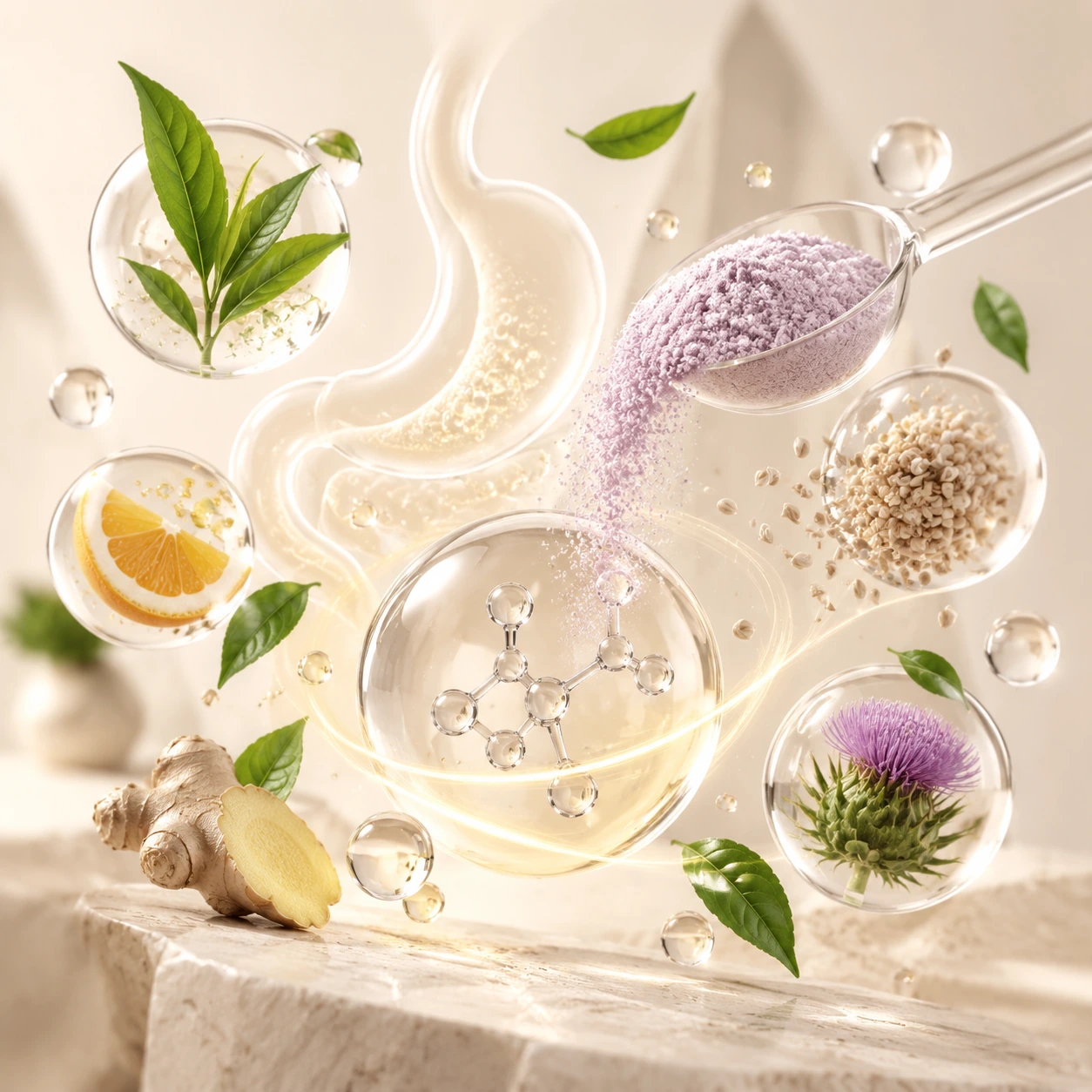 Ingredient and satiety concept illustration with botanicals and citrus