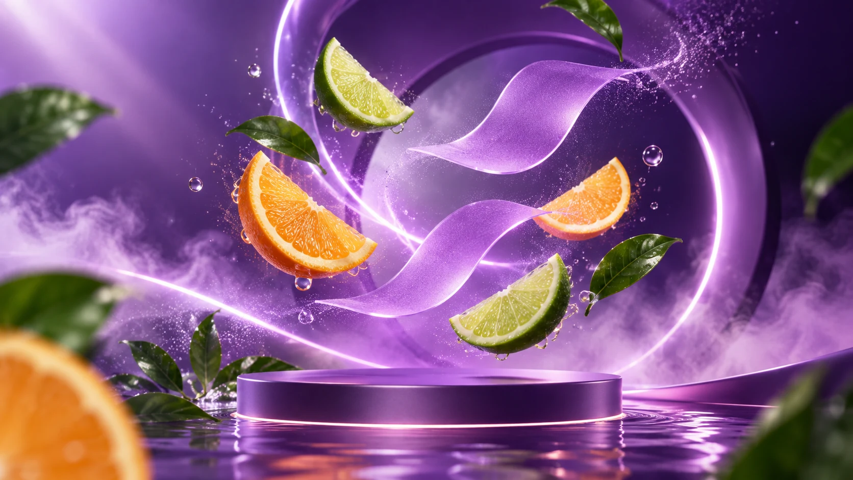 Purple oral dissolving strips floating with fresh citrus slices