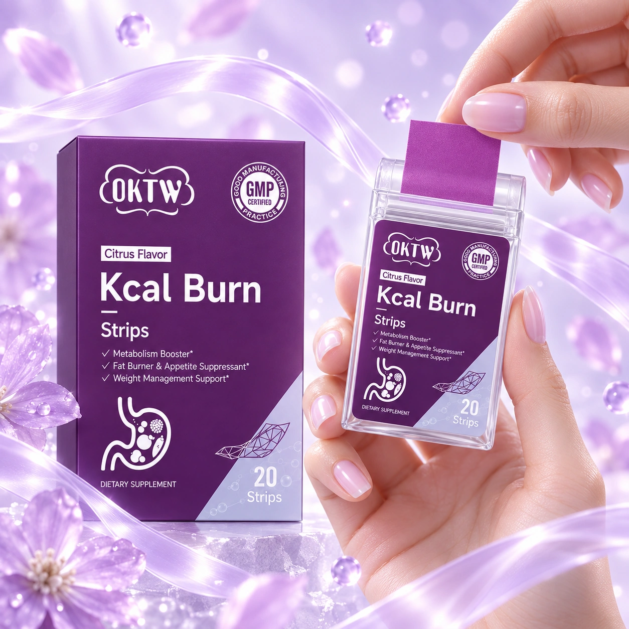 Kcal Burn box and dispenser being opened with a strip ready to remove