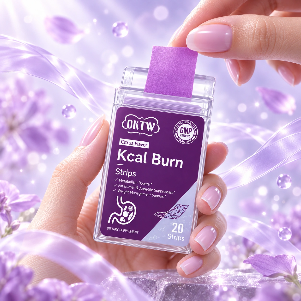 Kcal Burn dispenser held in hand while a purple oral strip is taken out